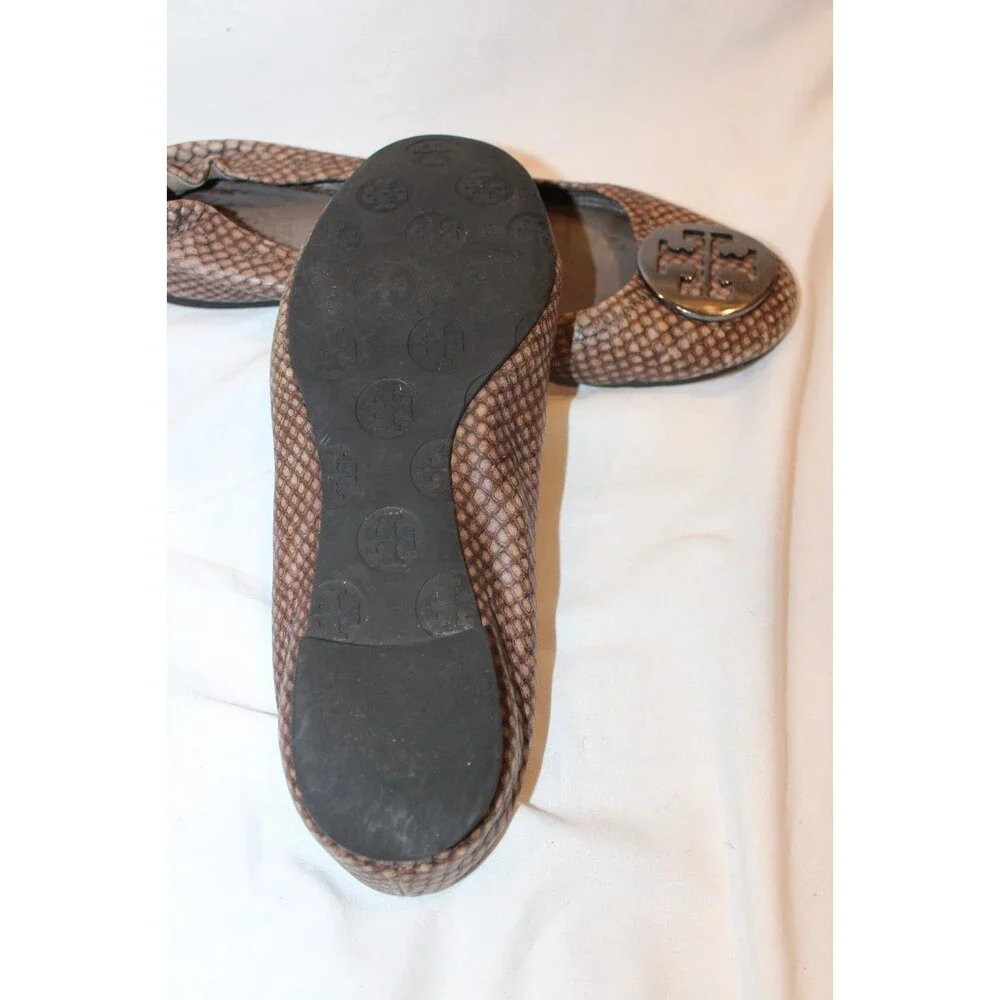 TORY BURCH REVA BALLERINA BALLET FLAT SNAKESKIN PRINT T LOGO SIZE 6.5 BROWN